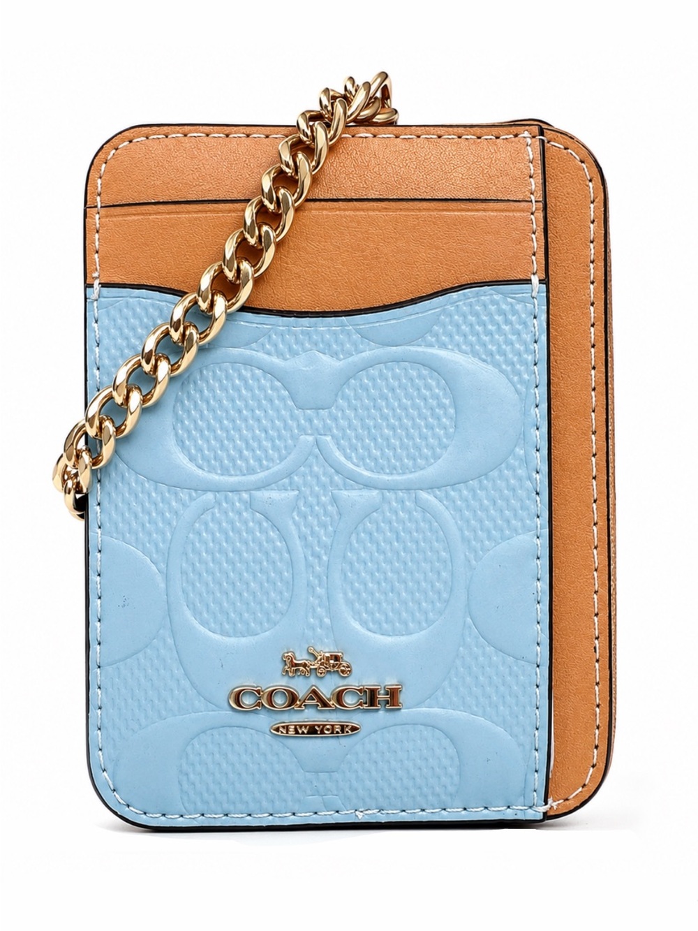 New COACH Zip Card Case Light Blue & Tan Signature Wallet with Gold Chain